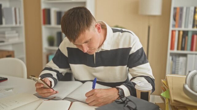 Man holds smartphone and writes notes with pen amid open books at a desk in a building; quiet concentration.