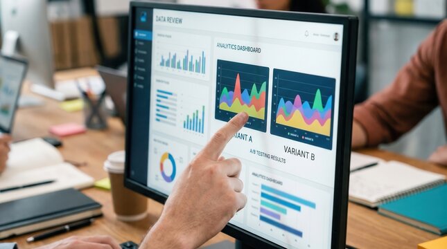 cross functional agile team concept. Person pointing at data charts on computer screen in office setting