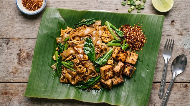 Thai Pad See Ew noodles with fried tofu and chili flakes served on banana leaf with lime wedge