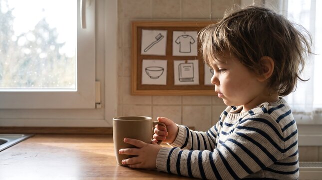 Child Drinking Breakfast Beverage Independently At Home