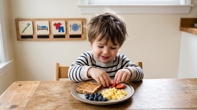 Child Eating Breakfast Independently During Morning Routine