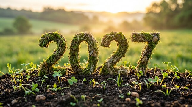 Eco friendly organic year 2027 numbers made from green moss and soil sprouts growing outdoors in nature field at sunrise glow