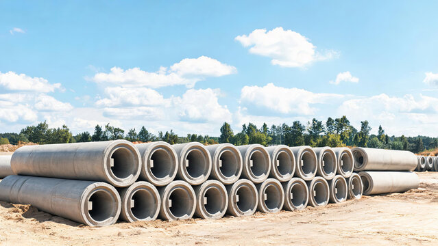 Precast concrete drainage pipes stacked at an outdoor construction storage site, ready for infrastructure projects.