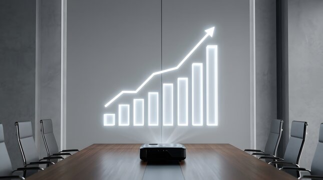 A Modern Conference Room Featuring A Projector Displaying A Growing Financial Chart