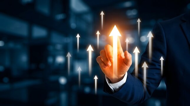 A Professional Business Person Touching A Glowing Upward Trend Arrow Digital Interface