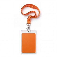 Fototapeta premium Blank Orange ID Card Mockup with Matching Neck Lanyard and Clear Plastic Badge Holder for Corporate Identity and Event Access Isolated on White Background