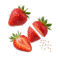 Fototapeta premium Fresh Juicy Red Strawberries with Water Drops and Slices Falling and Levitating in the Air Isolated on White Background for Healthy Eating, Smoothie, and Dessert Fruit Concept Design