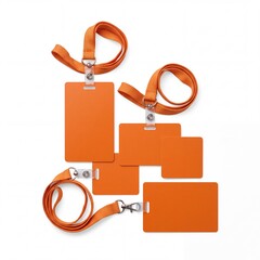 Fototapeta premium Set of blank orange plastic ID badges with matching lanyards and metal clips isolated on a white background. Professional corporate staff identification tags and security name cards for events.