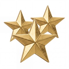 Fototapeta premium Group of Three Three-Dimensional Golden Five-Pointed Stars Isolated on a White Background, Representing Success, High Rating, Premium Quality Service, Achievement, and Festive Holiday Decoration