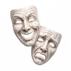 Fototapeta premium Classic Comedy and Tragedy Theater Masks Isolated on White Background, Representing Drama, Acting, and Performance Art with Detailed Stone Texture for Entertainment and Cultural Concepts.