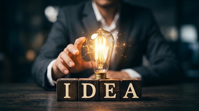 A Professional Businessman Reaching Out Toward A Glowing Lightbulb On Wooden Blocks