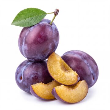 Composition of fresh ripe purple plums with green leaf and juicy slices isolated on white background. Sweet delicious organic summer fruits, perfect for healthy diet, nutrition, and food packaging.