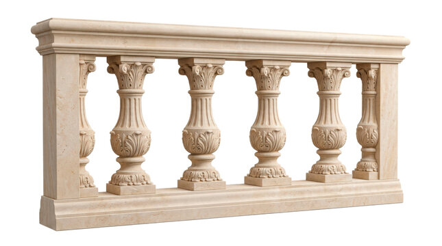 Ornate pale stone balustrade section with classical carved balusters, smooth architectural rails, subtle mineral texture, and refined symmetrical detailing. Photorealistic studio product photography,