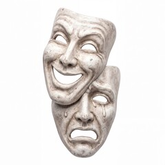 Fototapeta premium Classic theater masks of comedy and tragedy representing drama and performing arts, featuring weathered stone texture with smiling and crying expressions isolated on white background