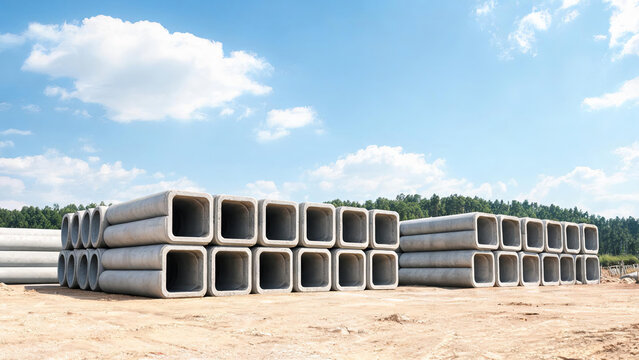 Precast concrete box culverts stacked at an open outdoor construction storage site, ready for infrastructure projects.