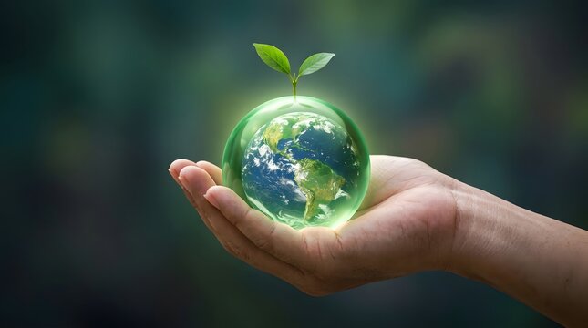 A Human Hand Gently Holding A Glowing Glass Globe With Growing Leaves