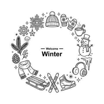 Hand Drawn Minimalist Winter Seasonal Welcome Wreath With Cute Holiday Elements
