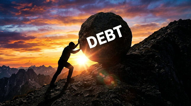 Silhouette of a man pushing a heavy debt boulder uphill, isolated on white with transparent background