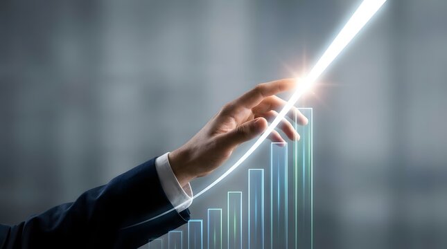 A business professional interacting with a glowing digital chart showing upward growth