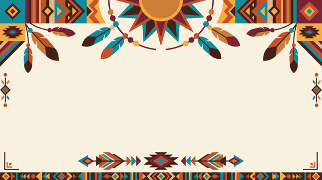 American Indian Heritage Month Vibrant Cultural Festival Background with Geometric Sunburst and Feathers