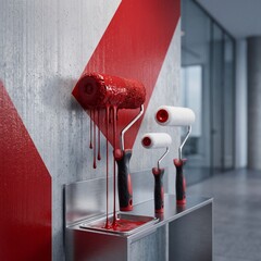 Obraz premium Professional Industrial Paint Rollers with Dripping Vibrant Red Paint Against a Textured Concrete Wall in a Modern Office Interior, Home Improvement and Creative Renovation Concept