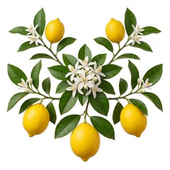 Obraz premium Symmetrical Botanical Arrangement of Fresh Yellow Lemons with Green Leaves and White Citrus Blossoms Isolated on White Background for Organic Food Packaging and Mediterranean Inspired Design