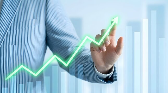 A Professional Businessman Interacting With A Glowing Green Financial Growth Chart Interface
