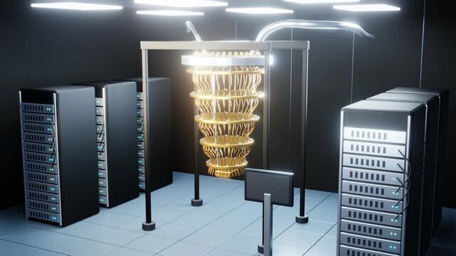 Quantum Computer Core in Data Center Server Room 3D Loop