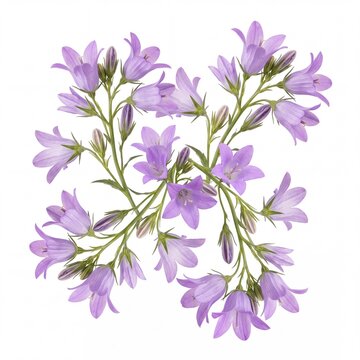 Beautiful purple bellflowers or campanula flowers arranged in a decorative pattern isolated on a clean white background, perfect for floral design, spring themes, and botanical illustrations.