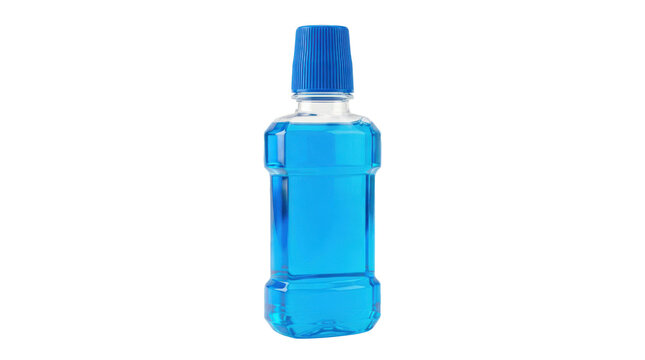 Clear plastic bottle filled with bright blue mouthwash and a ribbed cap. Photorealistic, front 3/4 view, vertical orientation, ultra-high-resolution 8K, on a pure white background (#FFFFFF) shadowless