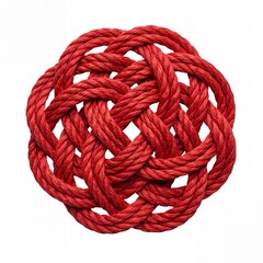 Obraz premium Intricate Red Rope Knot in Circular Decorative Pattern Isolated on White Background - Symmetrical Nautical Cord Design Representing Strength, Connection, and Craftsmanship for Artistic Projects