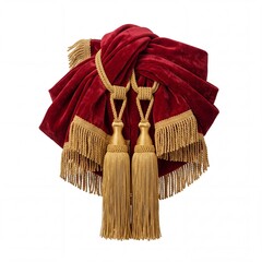 Obraz premium Luxurious Red Velvet Fabric Gathered with Ornate Golden Tassels and Fringes, Elegant Stage Curtain Element for Theater Decor and Classical Interior Design Isolated on White Background