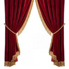 Obraz premium Elegant Red Velvet Theater Curtains with Golden Fringe and Tassels Isolated on White Background for Stage Performance, Cinema Premiere, or Award Ceremony Opening Concept