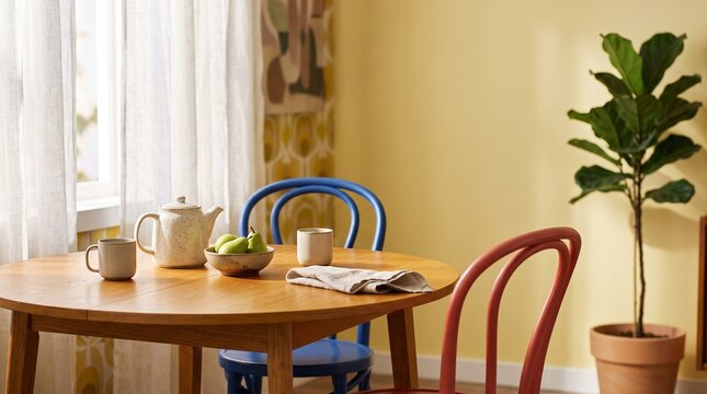 Wooden Dining Table with Chairs, Tea Set, and Potted Plant
