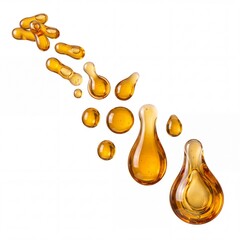 Obraz premium Viscous Golden Oil Droplets and Liquid Gel Capsules Falling Isolated on White Background for Skin Care, Pharmacy, Beauty, and Healthcare Concept