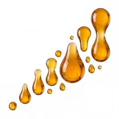 Obraz premium Set of Various Golden Viscous Liquid Droplets and Serum Bubbles Isolated on White Background for Cosmetic Essence, Honey, or Oil Supplement Product Presentation Macro Close-up Shot
