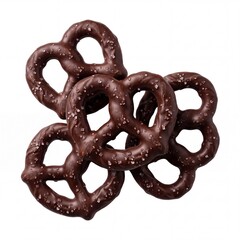 Obraz premium Delicious Stack of Dark Chocolate Covered Pretzels Sprinkled with Sea Salt Isolated on White Background, Sweet and Salty Gourmet Snack, Crunchy Baked Treat for Dessert or Party Appetizer