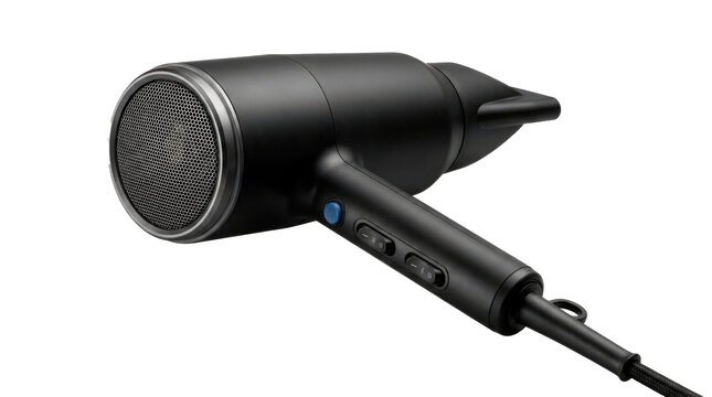 Hair dryer with short cylindrical body, broad rear intake grille, perpendicular ergonomic handle, concentrator nozzle, and clean professional styling. Photorealistic, side 3/4 view, horizontal