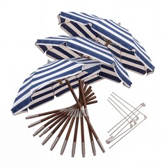 Obraz premium Bulk Set of Blue and White Striped Beach Umbrellas with Multiple Wooden Poles and Metal Frames Isolated on White Background for Commercial Outdoor Sun Protection and Summer Vacation Equipment