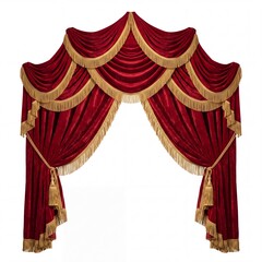 Obraz premium Ornate Red Velvet Theater Curtains with Golden Fringe and Luxury Tassels Isolated on White Background, Elegant Stage Drapes for Performance, Opera House, and Classical Cinema Interior Decor Assets