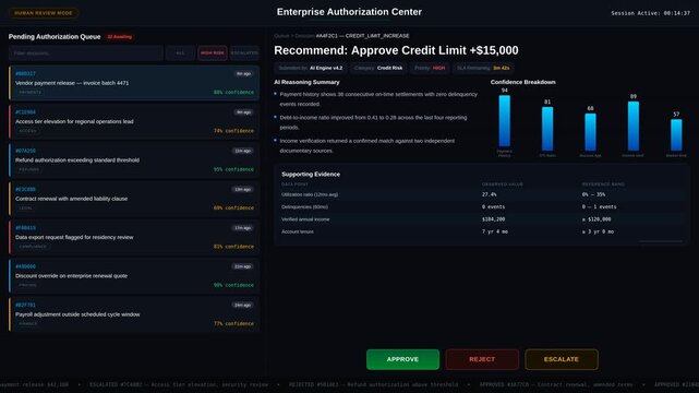 Experience a sleek Human Approval Workflow Dashboard in deep dark mode, showcasing the review of AI decisions while awaiting enterprise authorization in a professional setting.