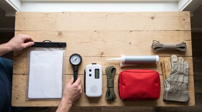 Emergency and outdoor survival gear arranged on wooden table