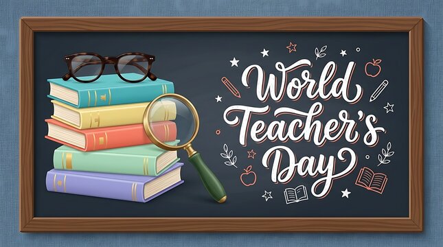 World teacher's day celebration chalkboard illustration with books and glasses