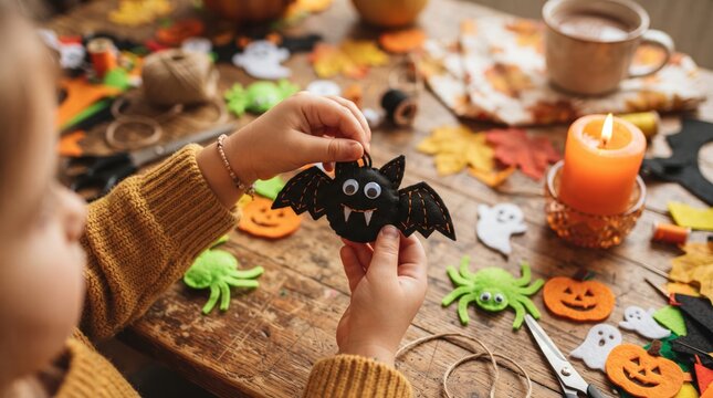 Child holding a felt bat ornament for Halloween craft project at home
