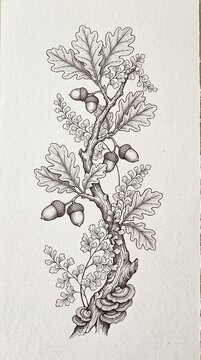 Oak Branch with Acorns, Lacy Ferns and Bracket Fungus, Monochrome Ink Line Art on Cream Paper