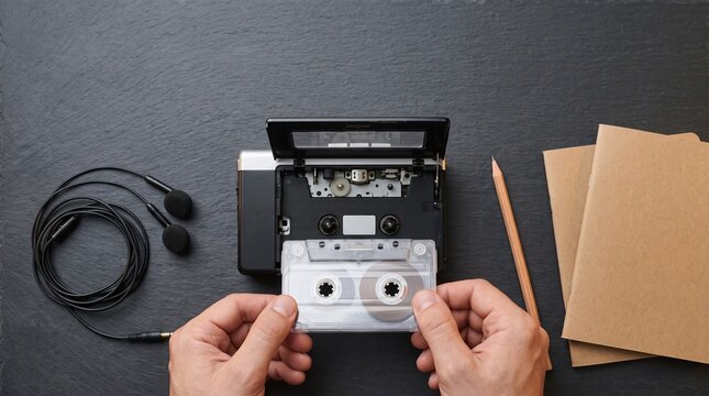 Hands inserting microcassette tape into voice recorder