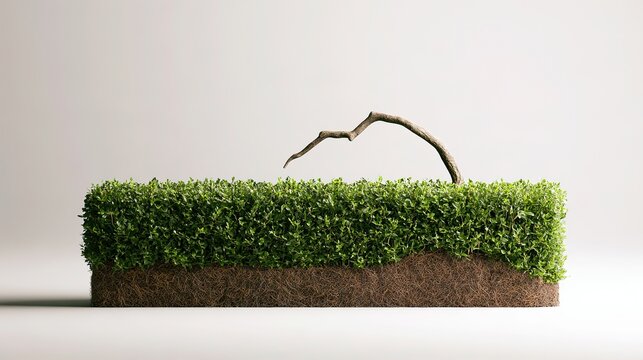 Trimmed privet hedge in planter, neutral grey background, soft diffused studio light, copy space