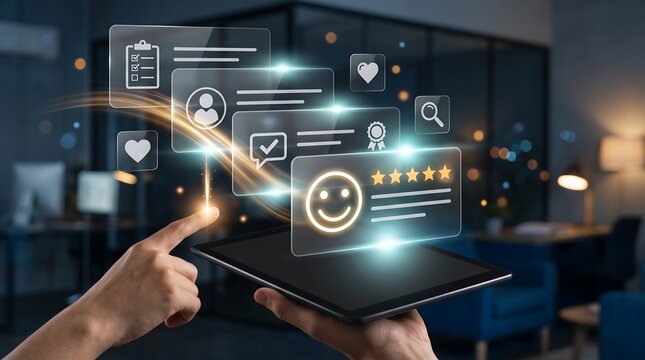User interacting with digital tablet displaying holographic customer feedback and review interface with star ratings and sentiment analysis for business performance evaluation metrics