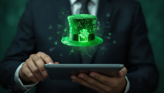 St Patrick day celebration concept featuring a glowing green leprechaun hat hologram hovering above a tablet in professional hands