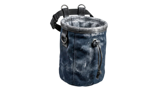 Chalk bag for rock climbing made of durable nylon, featuring a stiffened rim, a drawstring closure, and a dusting of white magnesium powder. Photorealistic, front 3/4 view, vertical orientation,
